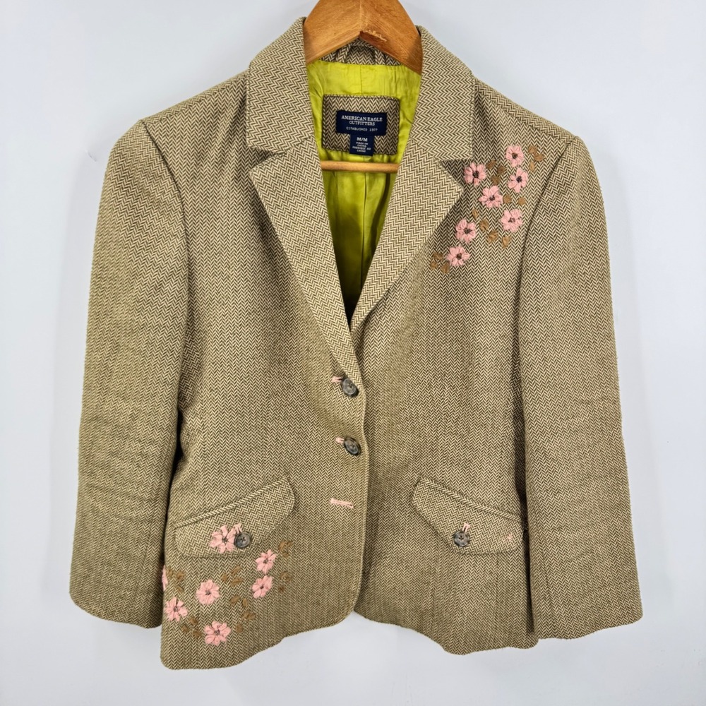 Vintage Y2K American Eagle Blazer Tan Herringbone Pink Floral Embroidered Size M - Picture 10 of 10